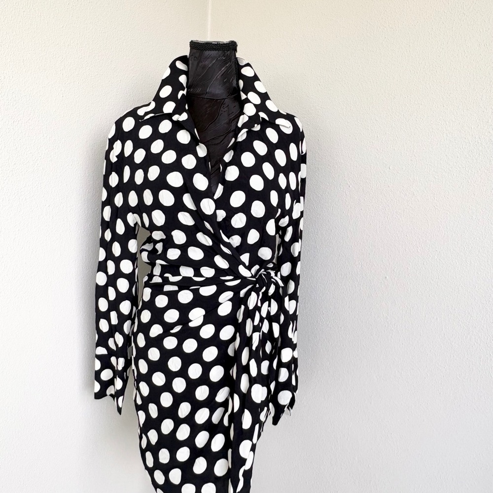 NEW Zara Polka Dot Wrap Long Sleeve Mini Dress Women M Black White Preppy - Picture 2 of 11